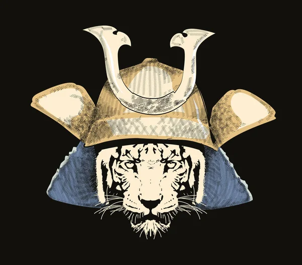 Shirt Design Uma Cabeça Tigre Com Capacete Samurai Ilustração Vetorial — Vetor de Stock