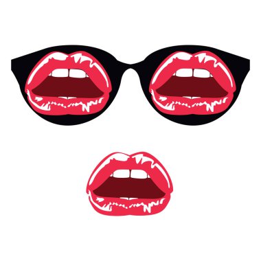 Şehvetli ağızlı siyah gözlük tasarımı. Sürreal biçim vektör çizimi,