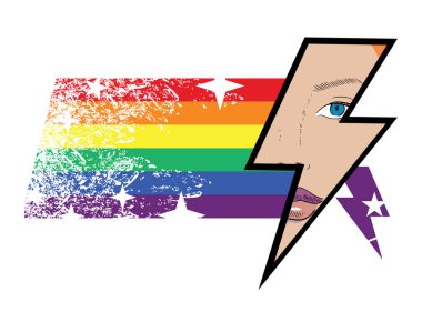 Gökkuşağı ve sarışın bir kadının yüzünün yanında yıldırım sembolü olan bir tişört tasarla. Vektör illüstrasyonu eşcinsellerin gurur günü ve feminizm mücadelesi için iyidir..