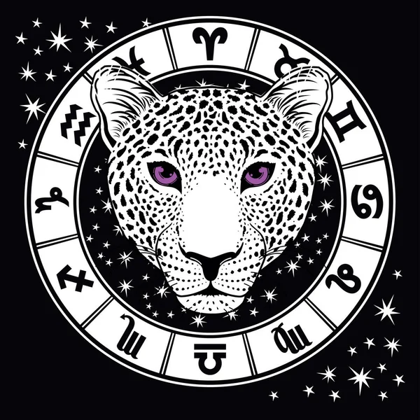 Diseño Para Una Camiseta Cabeza Leopardo Con Signos Del Zodíaco — Archivo Imágenes Vectoriales