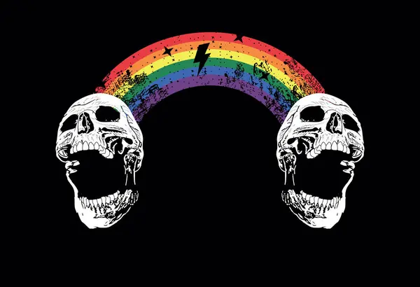 虹で結ばれた2頭の頭蓋骨のTシャツデザイン ゲイプライドデーのベクターイラスト — ストックベクタ