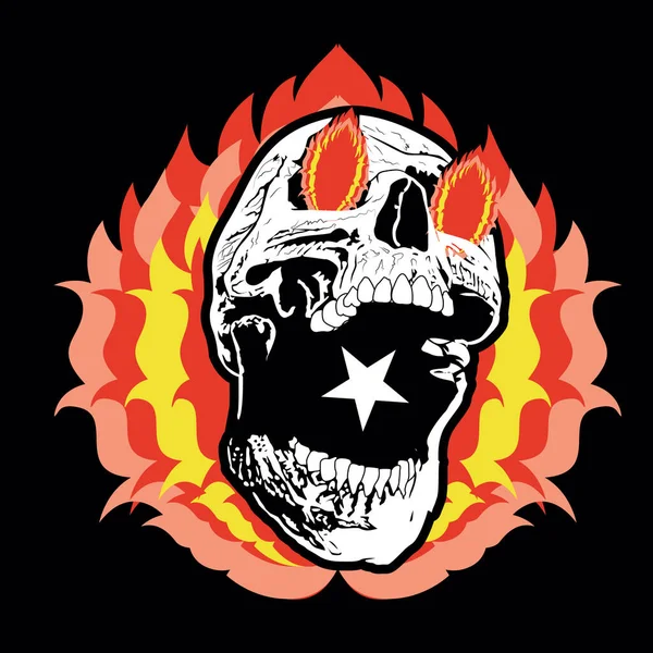 Burning Skull Shirt Design Isoliert Auf Schwarz Dämonische Charaktervektorillustration — Stockvektor