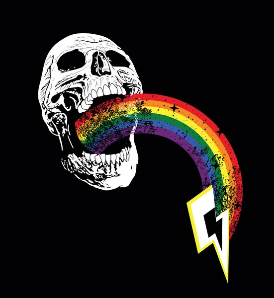 口から虹が出てくる頭蓋骨のTシャツデザインとサンダーボルトのシンボル ゲイプライドデーのための良いイラスト — ストックベクタ