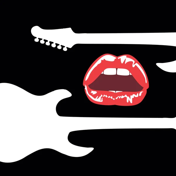 T恤设计与白色轮廓的电吉他和红色嘴唇 八十年代华丽摇滚风格中的矢量图解 — 图库矢量图片