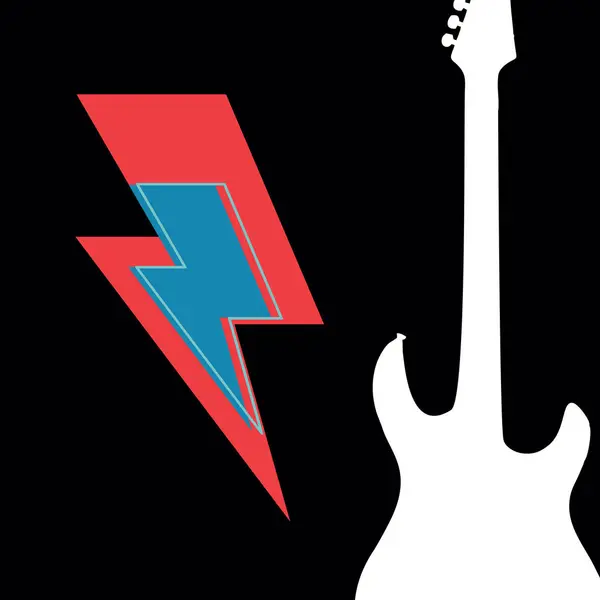 Thunderbolt Sembolü Tişört Tasarımı Siyah Arka Planda Beyaz Bir Gitarın — Stok Vektör