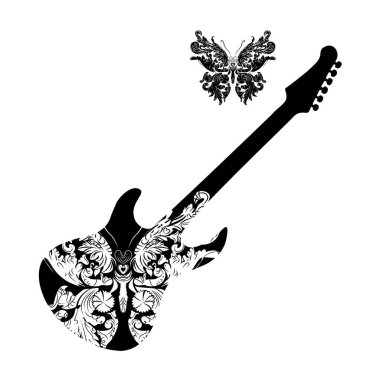 Elektro gitar ve kelebek silueti tişört tasarımı. Glam rock posteri.
