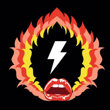 Yıldırım sembolü ve şehvetli kırmızı dudaklı şeytani bir tişört tasarla. Glam rock posteri.