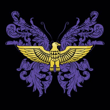 İçinde arabesk olan bir kelebek olan altın kartal tişörtü tasarımı. Dekoratif tasarım.