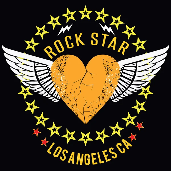 Rock Star Design Trička Oranžovým Okřídleným Srdcem Obklopeným Malými Hvězdami Vektorová Grafika