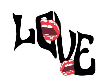 Sevgi. Hippi stili ve iki tane şehvetli kırmızı dudaklı tişört tasarımı. 70 'lerin özgür aşkı için vektör illüstrasyon.