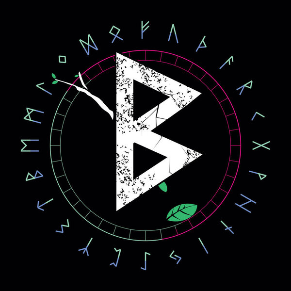 Дизайн рунической буквенной футболки под названием Беркано. Древний алфавит круглой формы. Символ плодородия.