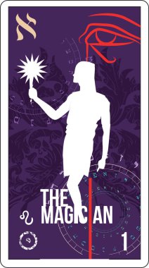 Mısırlı tarot kartının adı Sihirbaz. Geleceği anlatmak için iyi bir illüstrasyon.