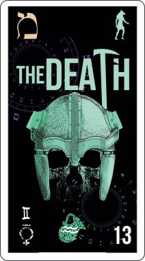 On üç numaralı Mısır tarot kartı, adı Ölüm. Miğferli ve tipografik tasarımı olan kafatası.