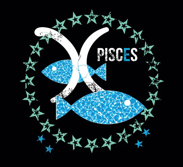 Shirt Design Pisces Symbol Circle Stars Two Celestial Fish Black — Stock Vector