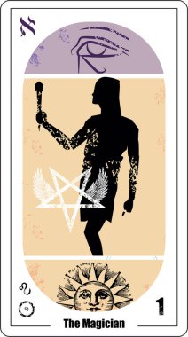 Mısırlı tarot kartının adı Sihirbaz. Geleceği anlatmak için iyi bir illüstrasyon.