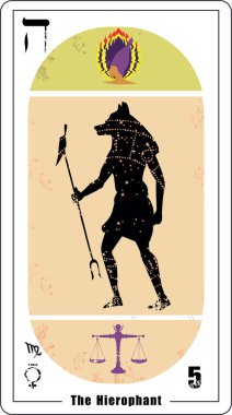 5 numaralı Mısır tarot kartı. Adı Büyücü. Tanrı Anubis 'in silueti
