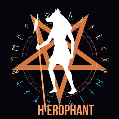 Hiyerophant. Mısır tanrısı Anubis 'in şeytani bir yıldız ve siyah bir arkaplanda runik alfabe üzerindeki T-shirt tasarımı.