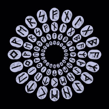 Dairesel dizaynlı Runik alfabe. Siyah arkaplanda geleceği tahmin etmek için taşlar.