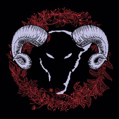 Siyah arka planda kırmızı dallarda boynuzları olan bir keçi kafası tişörtü tasarımı. satanik çember