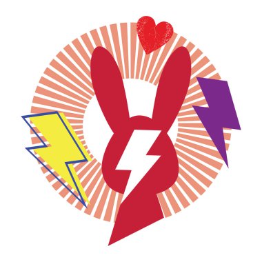 Mutlu Paskalyalar. Beyaz arka planda gök gürültüsü sembollerinin yanında kırmızı bir tavşanın siluetinin tişört tasarımı..