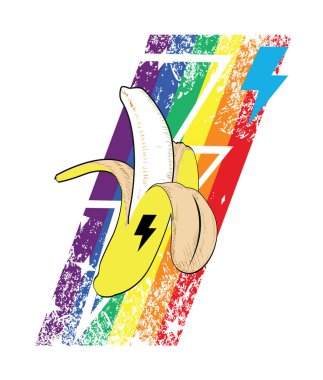 Gökkuşağı ve yıldırımın sembolü olan bir muzun tişört tasarımı. 