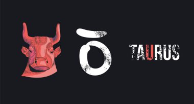 Taurus. T-shirt design of the head of a red bull and the symbol of Taurus on a black background.