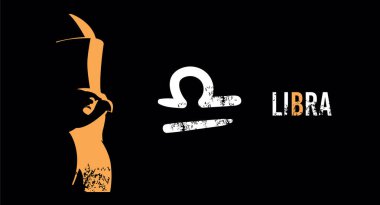 Libra. T-shirt design of the zodiac sign with the Horus bird figure from Egyptian mythology on a black background.