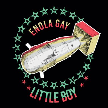 Enola Gay. Little boy. T-shirt design of an atomic bomb surrounded by stars on a black background. clipart