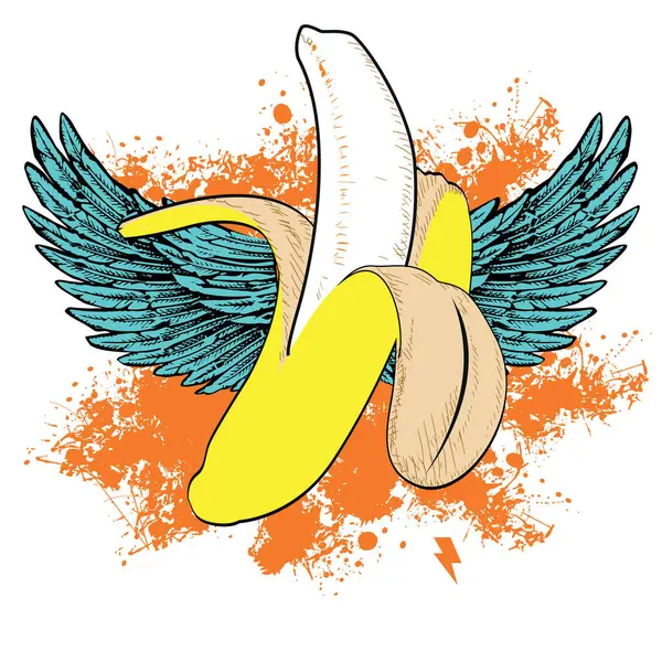 Stock vector T-shirt design of an open banana with wings on an orange and white background.