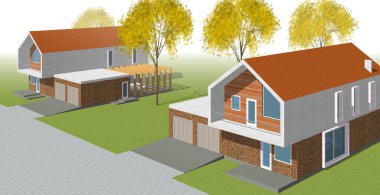 Modern evler mimari renk çizimi 3D illüstrasyon