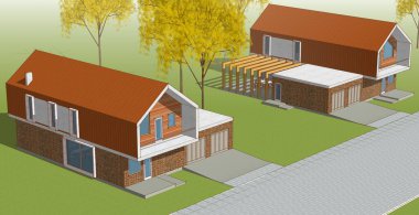 Modern evler mimari renk çizimi 3D illüstrasyon