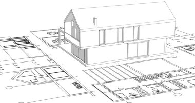 ev mimarisi projesi çizimi 3d illüstrasyon