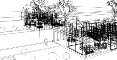 Modern evler mimari taslak 3D illüstrasyon