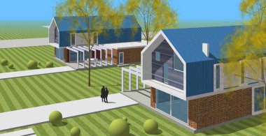 Modern evler mimari renk çizimi 3D illüstrasyon