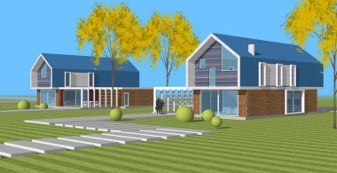 Modern evler mimari renk çizimi 3D illüstrasyon