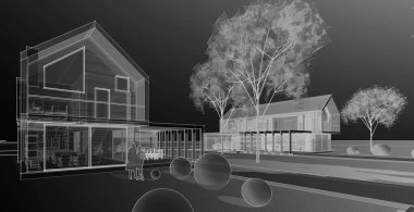Modern evler mimari taslak 3D illüstrasyon