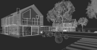 Modern evler mimari taslak 3D illüstrasyon