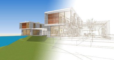 Modern evler mimari taslak 3D illüstrasyon