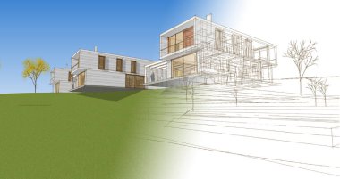 Modern evler mimari taslak 3D illüstrasyon