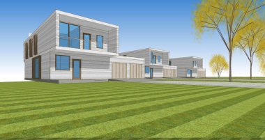 Modern evler mimari taslak 3D illüstrasyon