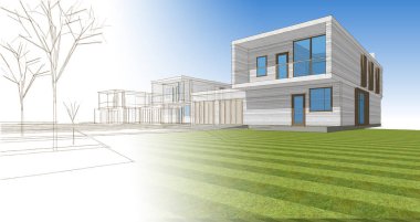 Modern evler mimari taslak 3D illüstrasyon