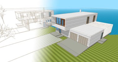 Modern evler mimari taslak 3D illüstrasyon