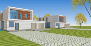 Modern evler mimari taslak 3D illüstrasyon