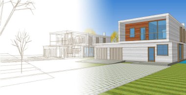 Modern evler mimari taslak 3D illüstrasyon