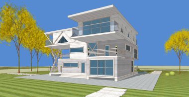 Modern ev mimarisi renk çizimi 3D illüstrasyon