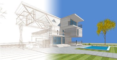 Modern ev mimarisi renk çizimi 3D illüstrasyon