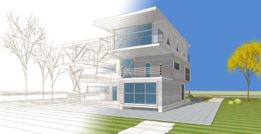 Modern ev mimarisi renk çizimi 3D illüstrasyon