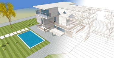 Modern ev mimarisi renk çizimi 3D illüstrasyon