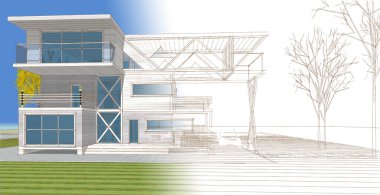 Modern ev mimarisi renk çizimi 3D illüstrasyon