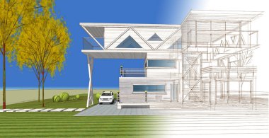 Modern ev mimarisi renk çizimi 3D illüstrasyon